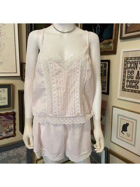 80s Vintage Sears Pink Lace Trim Camisole and Shorts Pajama Set L